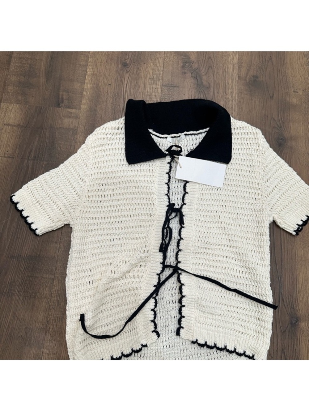 Zara Cream Crochet Short-Sleeve Cardigan with Black Trim